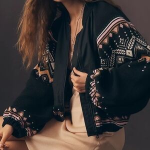 Anthropologie Black Bomber Jacket with Pink & Tan Pattern